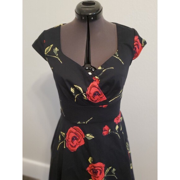 Bbonline Women's Midi Dress Small Red Black Floral Vintage 1950's Pin-Up Cotton - Picture 3 of 6